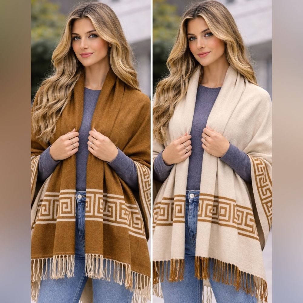 Reversible Brown Cream Alpaca Blend Scarf Greek Key Fringe Wrap Boho Cozy Soft